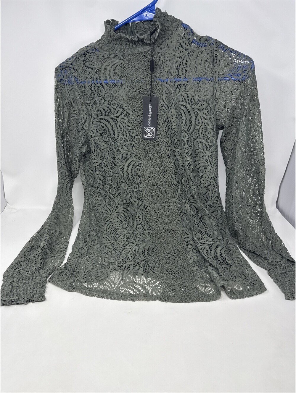 Cable & Gauge Women Blouse Size XS Olive Green Stretch Lace Overlay Mock Neck